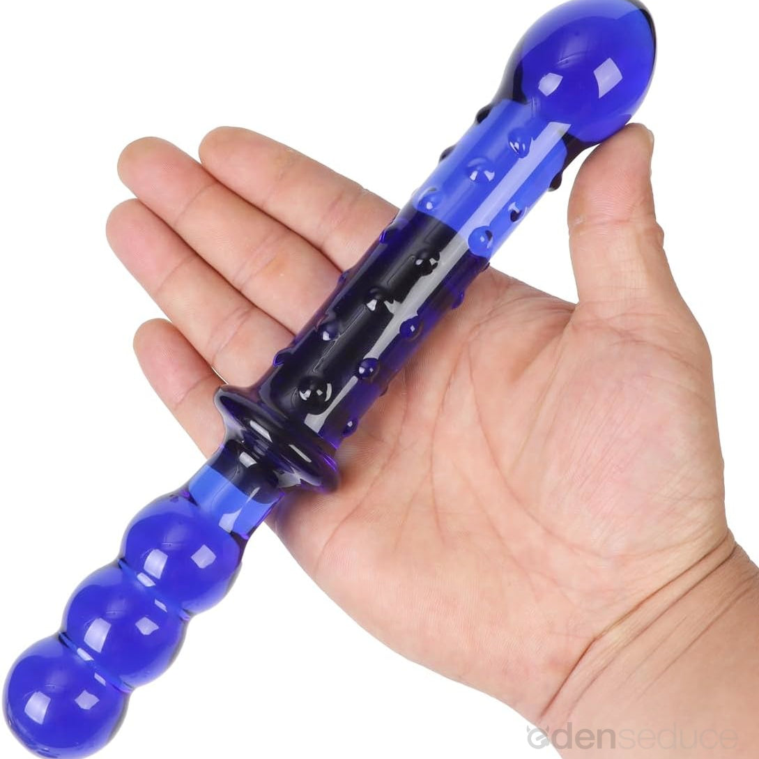 Blue Textured Dual-Ended Glass Dildo - EdenSeduce