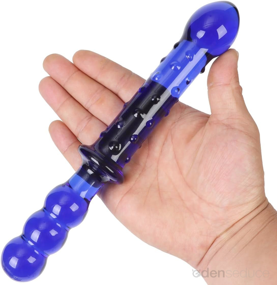 Blue Textured Dual-Ended Glass Dildo - EdenSeduce