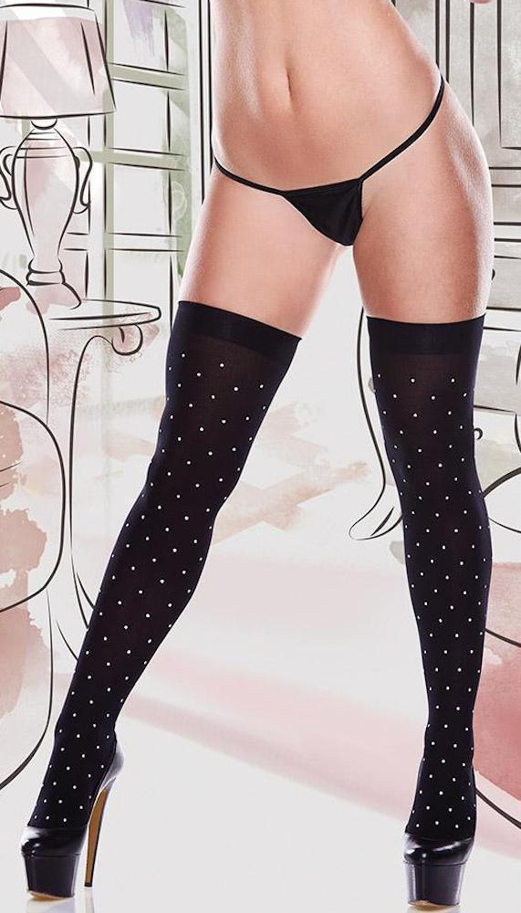 Black Opaque Polka Dot Stockings with Bow - EdenSeduce