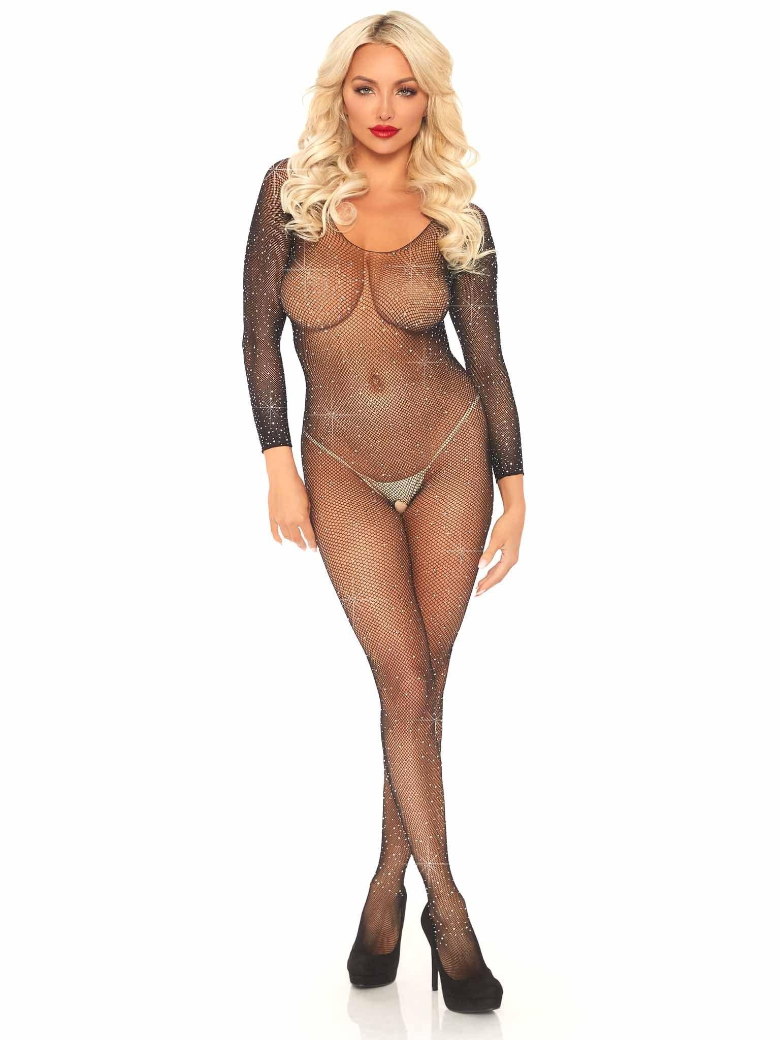 Leg Avenue Fishnet Rhinestone Crotchless Bodystocking - EdenSeduce