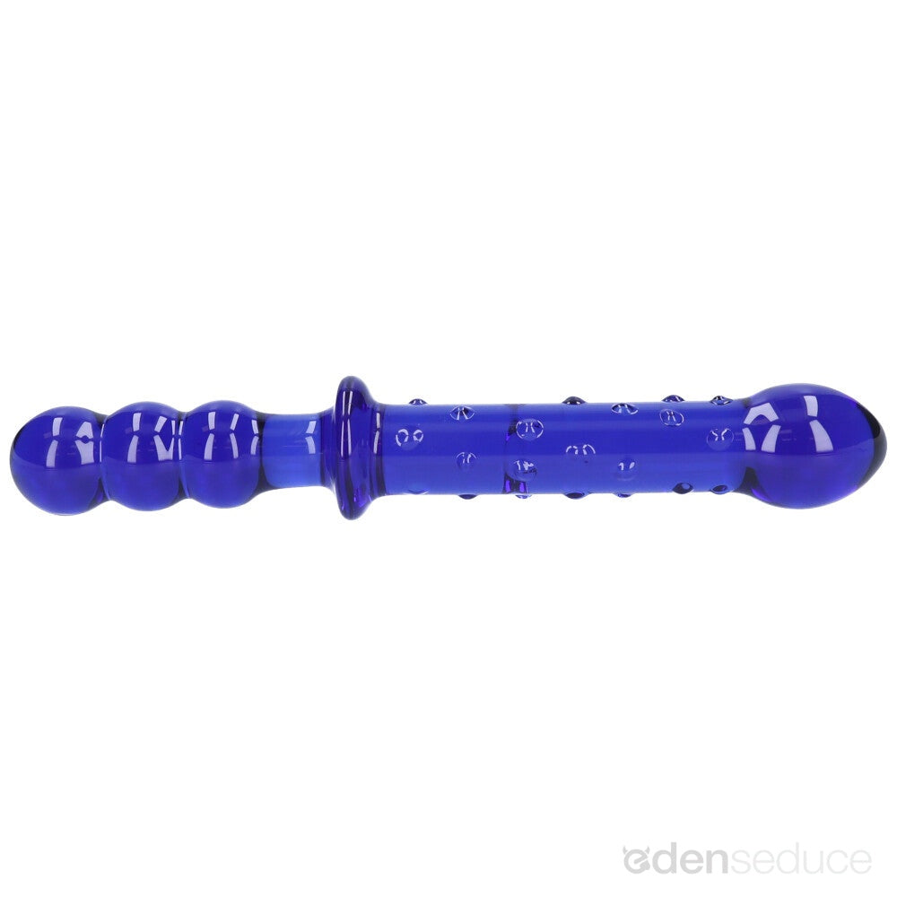 Blue Textured Dual-Ended Glass Dildo - EdenSeduce