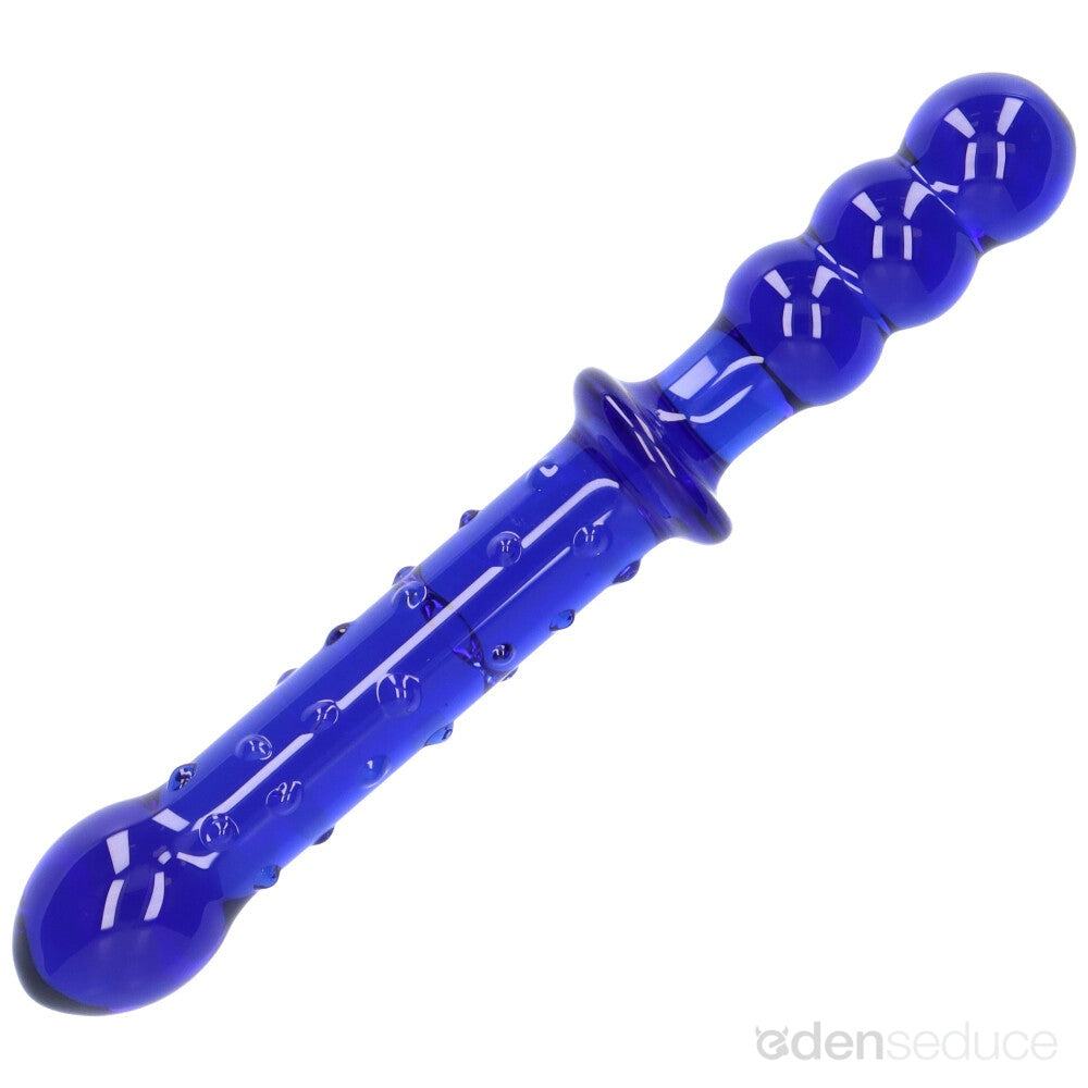 Blue Textured Dual-Ended Glass Dildo - EdenSeduce