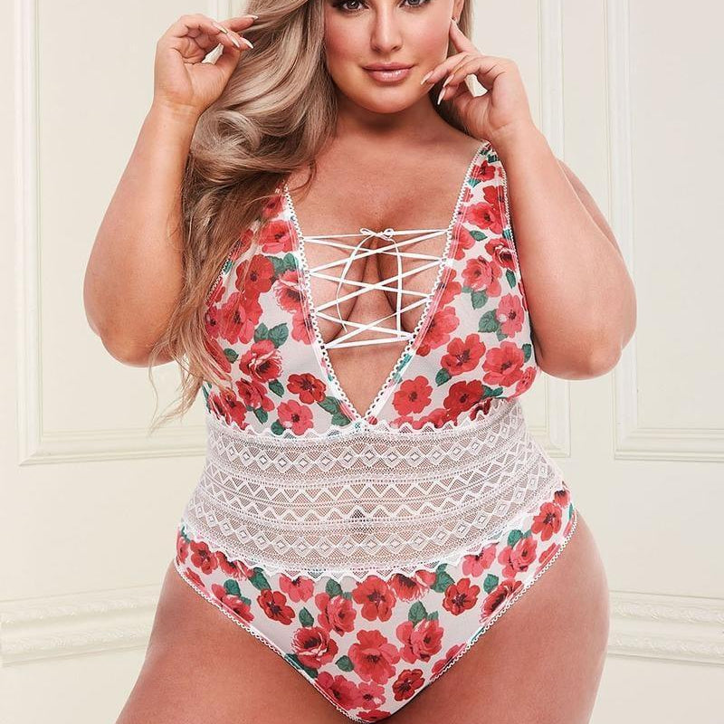 White Floral & Lace Teddy With Lace-Up Front - EdenSeduce